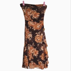 Womens Strapless Cottagecore Le Chateau Brown Floral Midi Dress Size Small